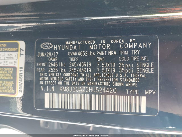 46000685 :رقم المزاد ، KM8J33A23HU524420 vin ، 2017 Hyundai Tucson Night مزاد بيع