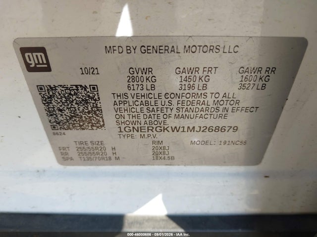 46000686 :رقم المزاد ، 1GNERGKW1MJ268679 vin ، 2021 Chevrolet Traverse Fwd Lt Cloth مزاد بيع