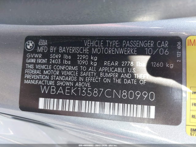 46000693 :رقم المزاد ، WBAEK13587CN80990 vin ، 2007 Bmw 650i مزاد بيع