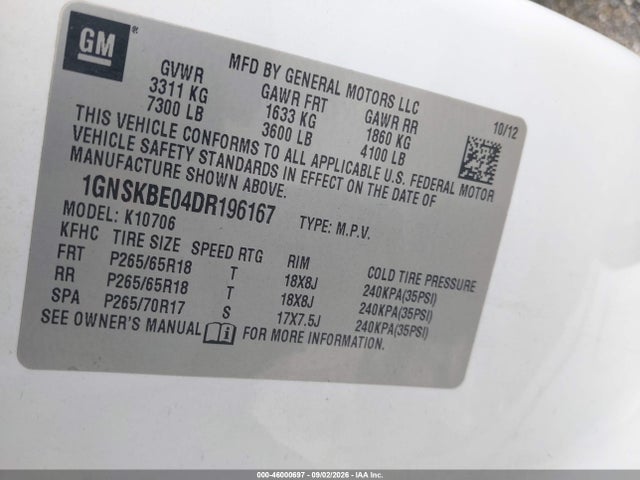 Aukcja sprzedaży 2013 Chevrolet Tahoe Lt, vin: 1GNSKBE04DR196167, numer aukcji: 46000697