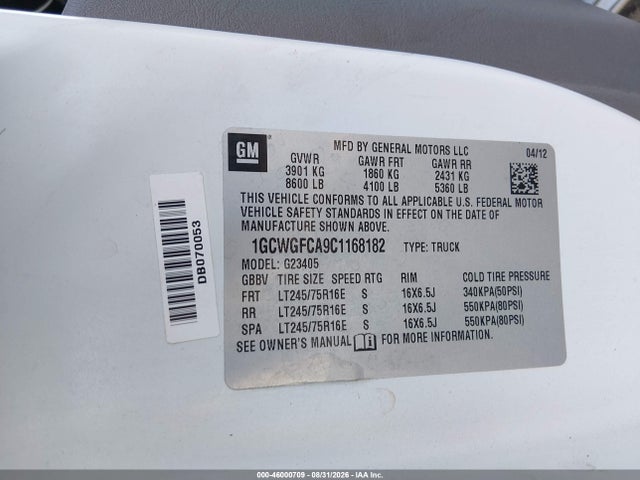 46000709 :رقم المزاد ، 1GCWGFCA9C1168182 vin ، 2012 Chevrolet Express 2500 Work Van مزاد بيع