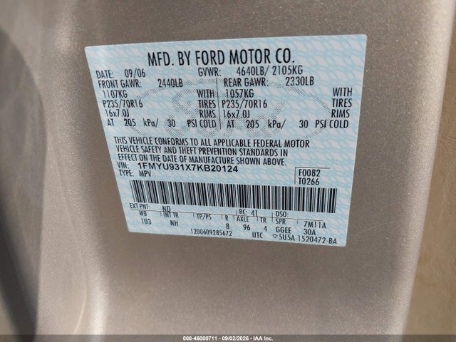 46000711 :رقم المزاد ، 1FMYU931X7KB20124 vin ، 2007 Ford Escape Xlt/xlt Sport مزاد بيع