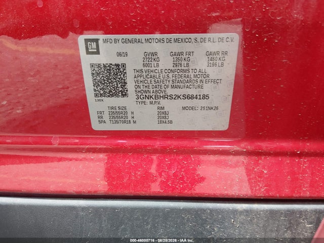 2019 Chevrolet Blazer მანქანა იყიდება აუქციონზე, vin: 3GNKBHRS2KS684185, აუქციონის ნომერი: 46000716