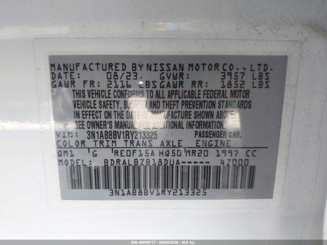2024 Nissan Sentra S Xtronic Cvt მანქანა იყიდება აუქციონზე, vin: 3N1AB8BV1RY213325, აუქციონის ნომერი: 46000717