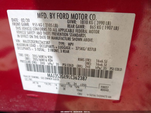 46000718 :رقم المزاد ، MAJ3S2GE9LC362387 vin ، 2020 Ford Ecosport Se مزاد بيع