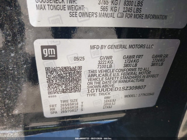 46000722 :رقم المزاد ، 1GTUUDED1SZ309807 vin ، 2025 Gmc Sierra 1500 4wd  Short Box Slt مزاد بيع