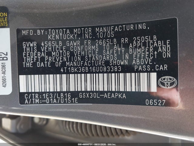 46000731 :رقم المزاد ، 4T1BK36B16U083383 vin ، 2006 Toyota Avalon Limited مزاد بيع