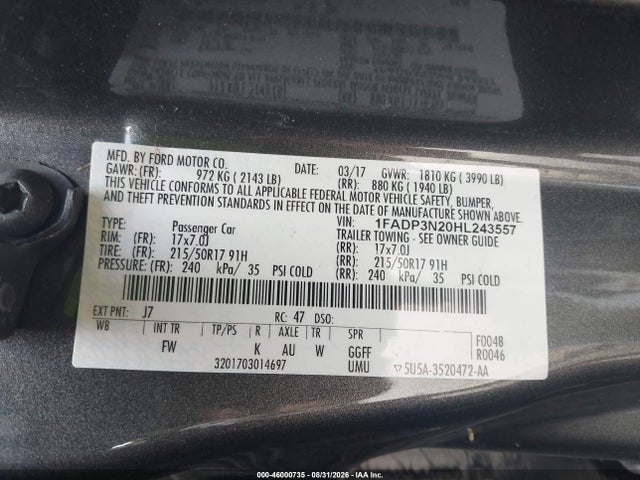46000735 :رقم المزاد ، 1FADP3N20HL243557 vin ، 2017 Ford Focus Titanium مزاد بيع