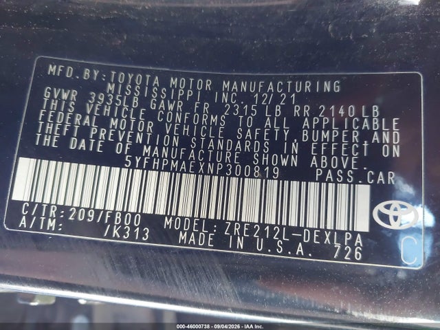 46000738 :رقم المزاد ، 5YFHPMAEXNP300819 vin ، 2022 Toyota Corolla Le مزاد بيع