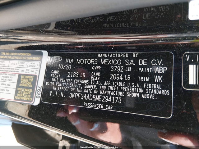Auction sale of the 2021 Kia Forte Gt-line, vin: 3KPF34AD8ME294173, lot number: 46000747