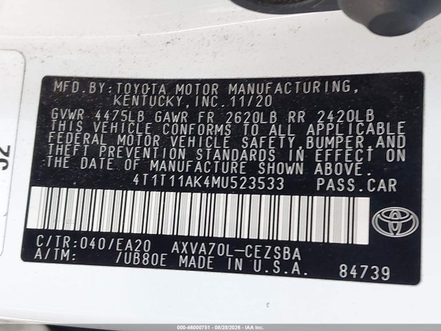 2021 Toyota Camry Se მანქანა იყიდება აუქციონზე, vin: 4T1T11AK4MU523533, აუქციონის ნომერი: 46000751