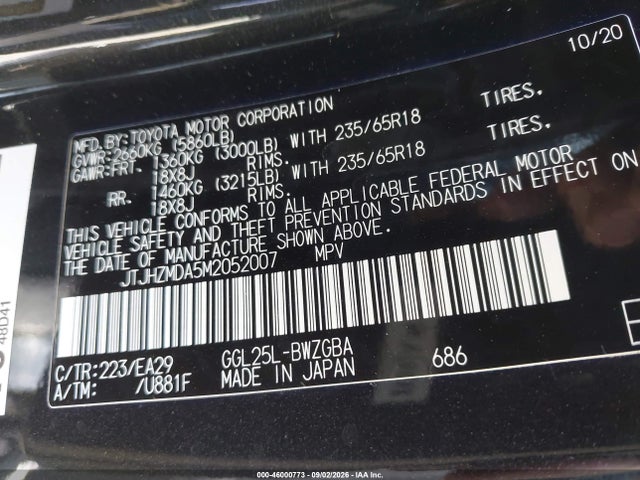 Auction sale of the 2021 Lexus Rx 350, vin: JTJHZMDA5M2052007, lot number: 46000773