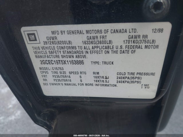 Продаж на аукціоні авто 1999 Chevrolet Silverado 1500 Ls, vin: 2GCEC19T5X1163886, номер лоту: 46000790