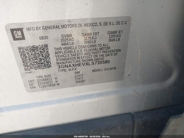 Aukcja sprzedaży 2020 Chevrolet Equinox Fwd Ls, vin: 3GNAXHEVXLS730585, numer aukcji: 46000796