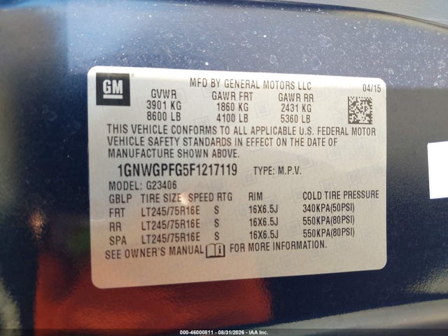 Chevrolet Express 2500 Ls 2015 1GNWGPFG5F1217119 Image 9