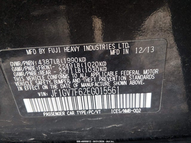 Aukcja sprzedaży 2014 Subaru Impreza Wrx Premium, vin: JF1GV7F62EG015561, numer aukcji: 46000812