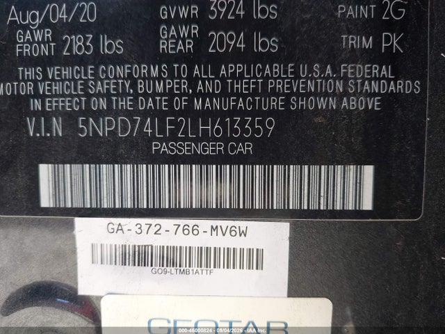 46000824 :رقم المزاد ، 5NPD74LF2LH613359 vin ، 2020 Hyundai Elantra Se مزاد بيع