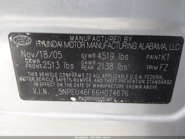 Продаж на аукціоні авто 2006 Hyundai Sonata Gls V6/lx V6, vin: 5NPEU46F66H074676, номер лоту: 46000827