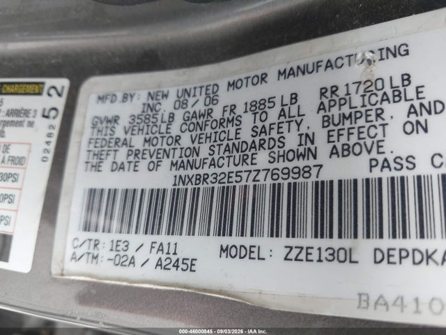 Продаж на аукціоні авто 2007 Toyota Corolla Ce, vin: 1NXBR32E57Z769987, номер лоту: 46000845