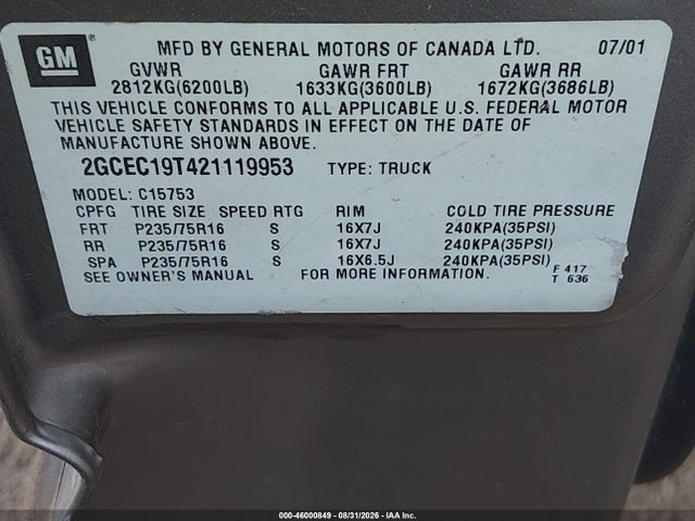 Продажа на аукционе авто 2002 Chevrolet Silverado 1500 Ls, vin: 2GCEC19T421119953, номер лота: 46000849