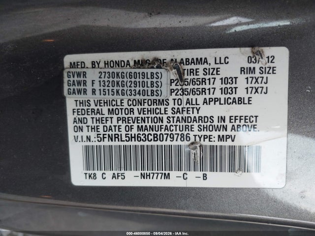 Продажа на аукционе авто 2012 Honda Odyssey Ex-l, vin: 5FNRL5H63CB079786, номер лота: 46000850