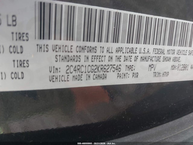 Aukcja sprzedaży 2019 Chrysler Pacifica Lx, vin: 2C4RC1CG2KR627546, numer aukcji: 46000865