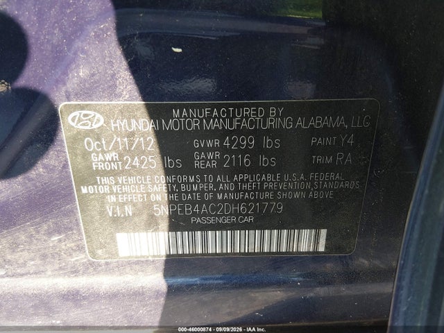 Продажа на аукционе авто 2013 Hyundai Sonata Gls, vin: 5NPEB4AC2DH621779, номер лота: 46000874