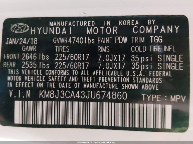 Aukcja sprzedaży 2018 Hyundai Tucson Sel, vin: KM8J3CA43JU674860, numer aukcji: 46000877
