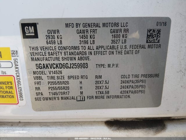 46000891 :رقم المزاد ، 5GAKVCKD6GJ259903 vin ، 2016 Buick Enclave Premium مزاد بيع