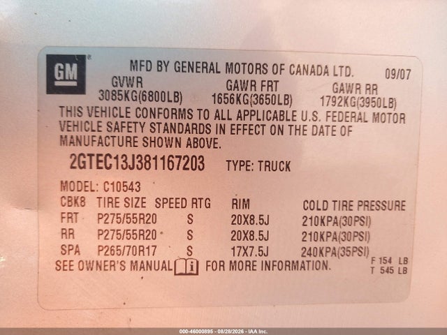 46000895 :رقم المزاد ، 3GTEC13C39G221383 vin ، 2009 Gmc Sierra 1500 Work Truck مزاد بيع