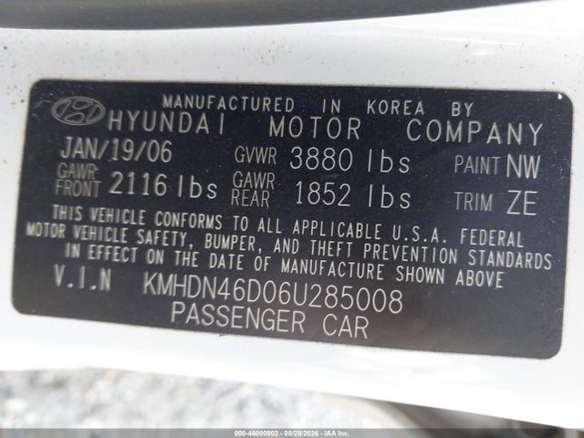 46000902 :رقم المزاد ، KMHDN46D06U285008 vin ، 2006 Hyundai Elantra Gls/limited مزاد بيع