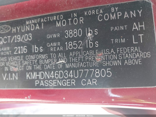 Aukcja sprzedaży 2004 Hyundai Elantra Gls/gt, vin: KMHDN46D34U777805, numer aukcji: 46000907