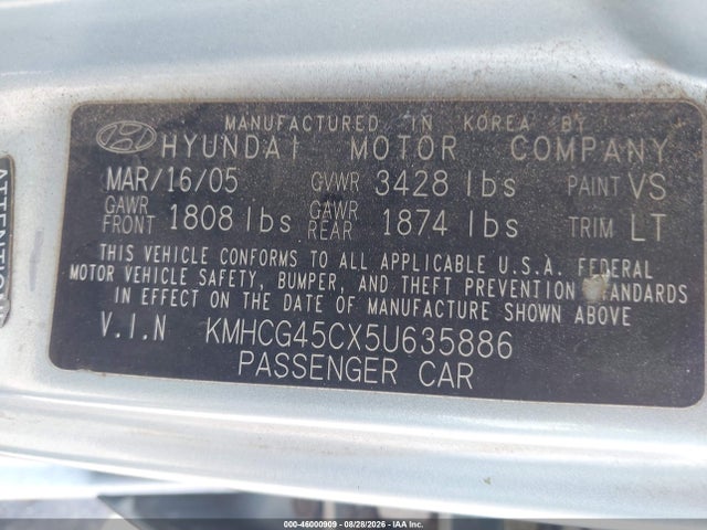 Aukcja sprzedaży 2005 Hyundai Accent Gls, vin: KMHCG45CX5U635886, numer aukcji: 46000909