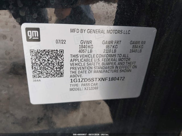 2022 Chevrolet Malibu Fwd Lt მანქანა იყიდება აუქციონზე, vin: 1G1ZD5STXNF180472, აუქციონის ნომერი: 46000937