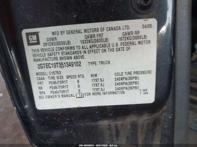Aukcja sprzedaży 2005 Gmc Sierra 1500 Sle, vin: 2GTEC19T351349102, numer aukcji: 46000953