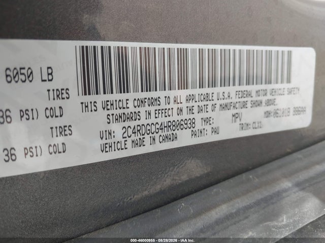 46000955 :رقم المزاد ، 2C4RDGCG4HR806938 vin ، 2017 Dodge Grand Caravan Sxt مزاد بيع