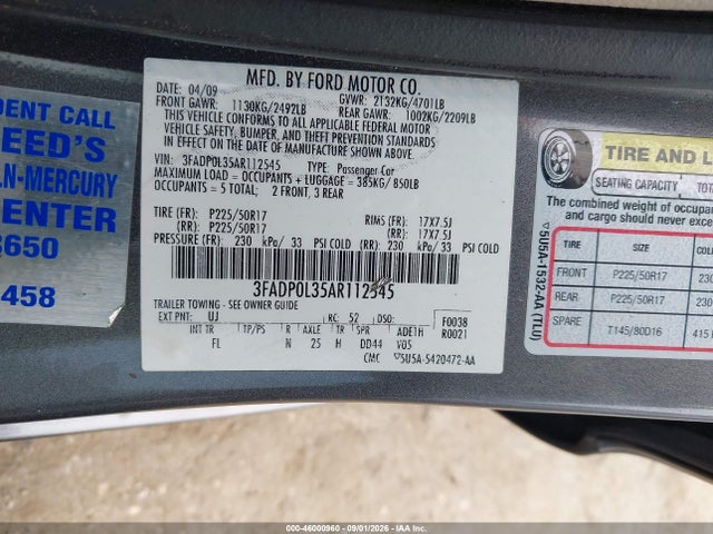 2010 Ford Fusion Hybrid მანქანა იყიდება აუქციონზე, vin: 3FADP0L35AR112545, აუქციონის ნომერი: 46000960