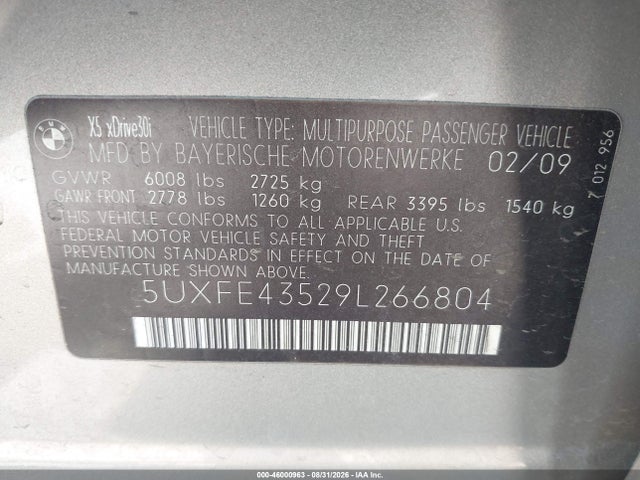 46000963 :رقم المزاد ، 5UXFE43529L266804 vin ، 2009 Bmw X5 Xdrive30i مزاد بيع