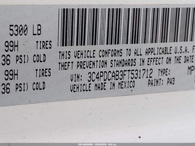 2015 Dodge Journey Se მანქანა იყიდება აუქციონზე, vin: 3C4PDCAB3FT531712, აუქციონის ნომერი: 46000964