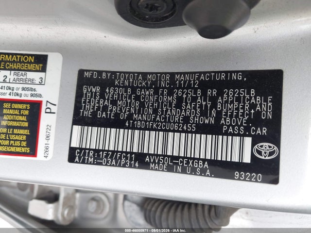Aukcja sprzedaży 2012 Toyota Camry Hybrid Xle, vin: 4T1BD1FK2CU062455, numer aukcji: 46000971