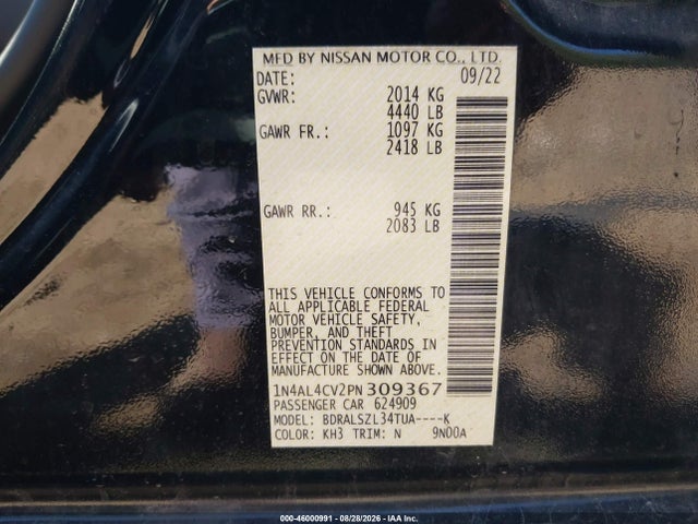 46000991 :رقم المزاد ، 1N4AL4CV2PN309367 vin ، 2023 Nissan Altima Sr Vc-turbo Fwd مزاد بيع