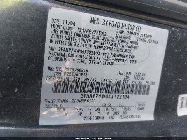 Продаж на аукціоні авто 2005 Ford Crown Victoria, vin: 2FAHP74W05X122104, номер лоту: 46000995