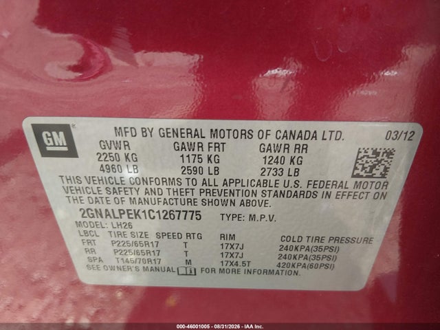 2012 Chevrolet Equinox 2lt მანქანა იყიდება აუქციონზე, vin: 2GNALPEK1C1267775, აუქციონის ნომერი: 46001005