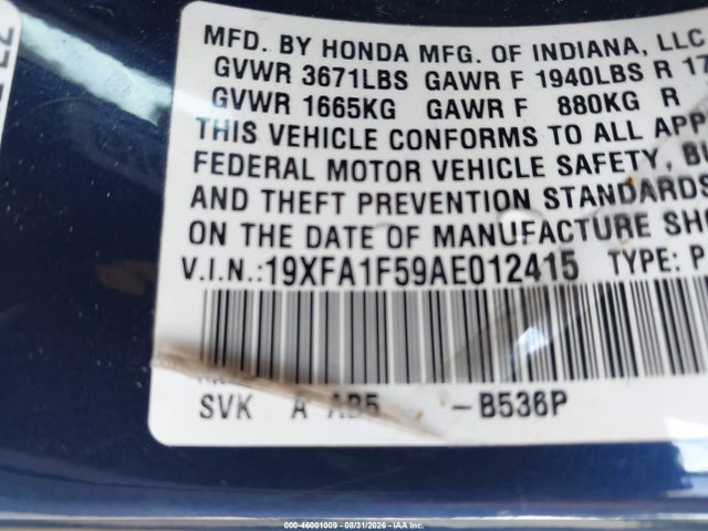 Auction sale of the 2010 Honda Civic Lx, vin: 19XFA1F59AE012415, lot number: 46001009