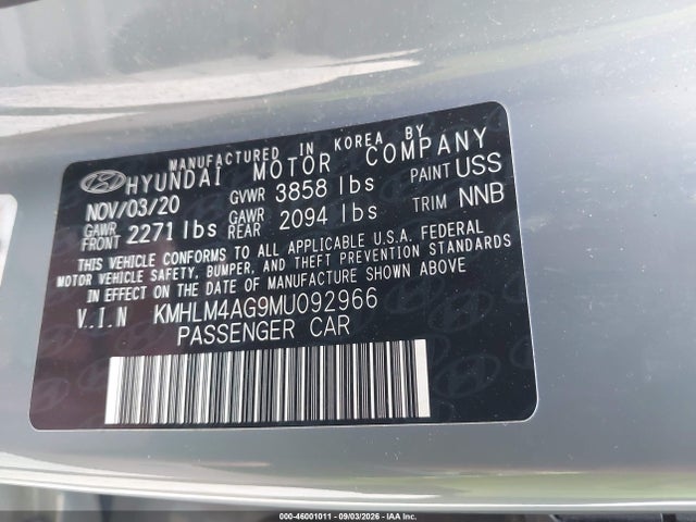 46001011 :رقم المزاد ، KMHLM4AG9MU092966 vin ، 2021 Hyundai Elantra Sel مزاد بيع