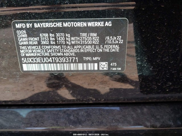 Aukcja sprzedaży 2026 Bmw X5 M60i, vin: 5UX33EU04T9393771, numer aukcji: 46001012