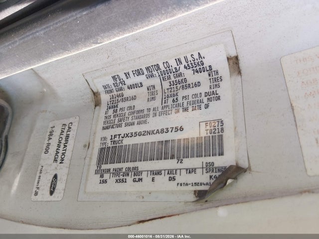 46001016 :رقم المزاد ، 1FTJX35G2NKA83756 vin ، 1992 Ford F350 مزاد بيع