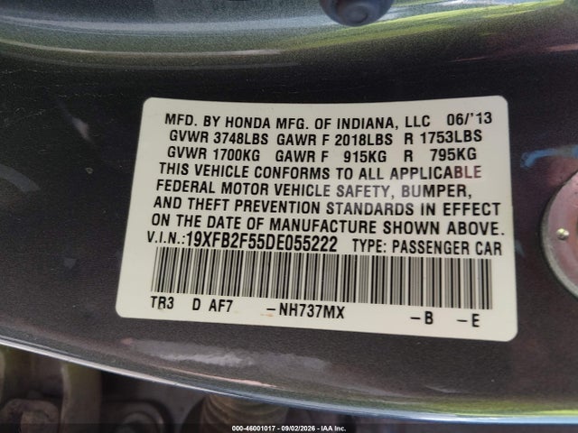 46001017 :رقم المزاد ، 19XFB2F55DE055222 vin ، 2013 Honda Civic Lx مزاد بيع