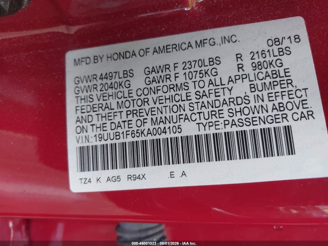2019 Acura Tlx Tech   A-spec Pkgs მანქანა იყიდება აუქციონზე, vin: 19UUB1F65KA004105, აუქციონის ნომერი: 46001023