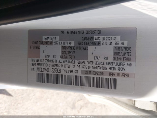 46001032 :رقم المزاد ، JM1GL1VM0J1327906 vin ، 2018 Mazda Mazda6 Touring مزاد بيع